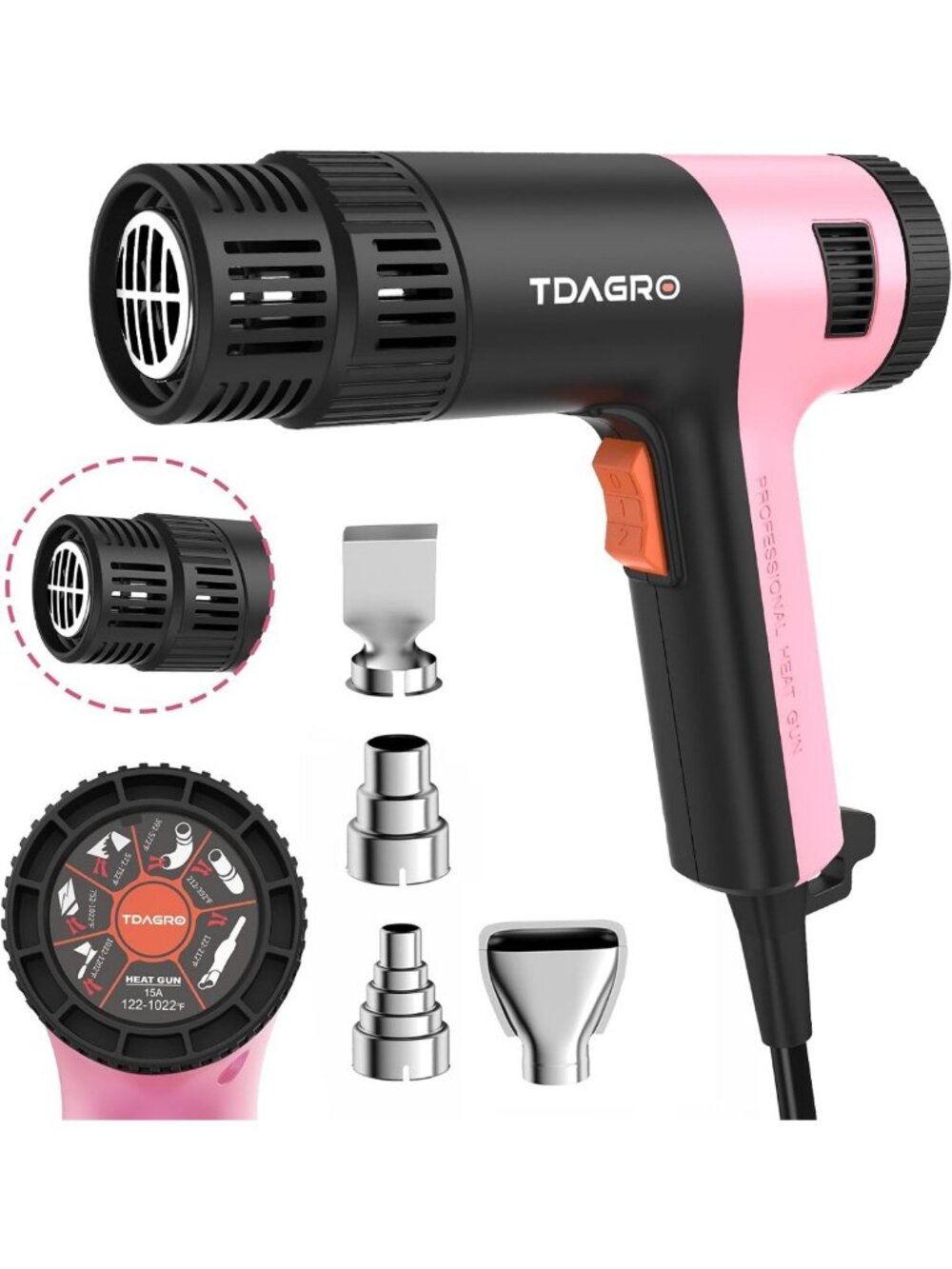 High-Power 1800W Craft Heat Gun, Adjustable Temp 122℉-1202℉, 4 Nozzles, Pink